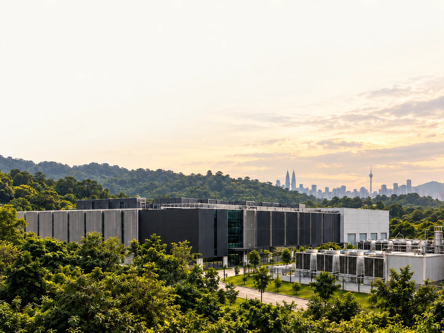 Illustration of a data centre in a green landscape