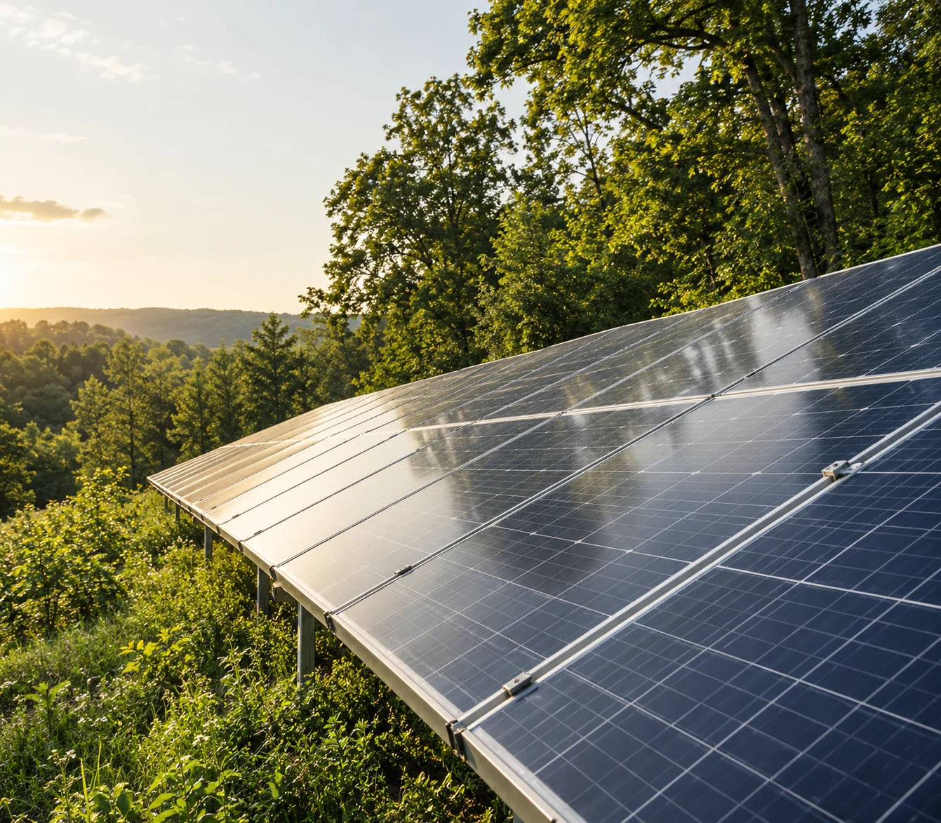 Solar panels in a wooded landscape
